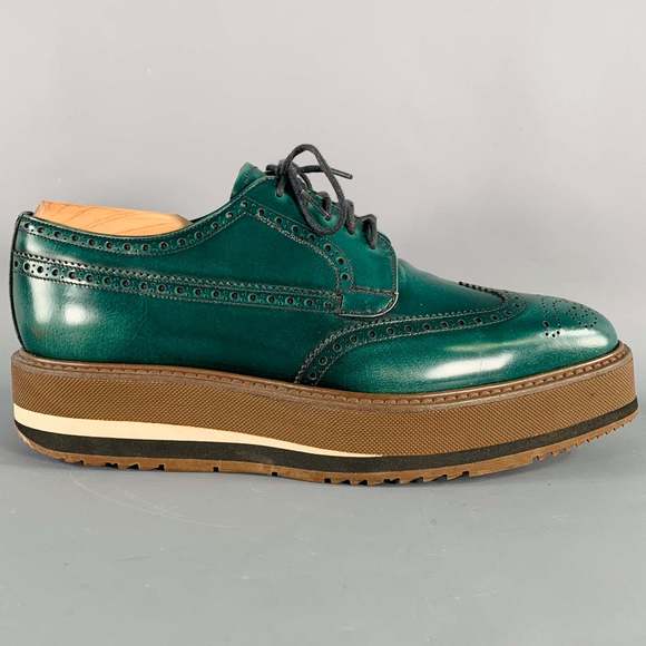 PRADA Green Brown Wingtip Leather Platform Lace-Up Shoes - Picture 2 of 8